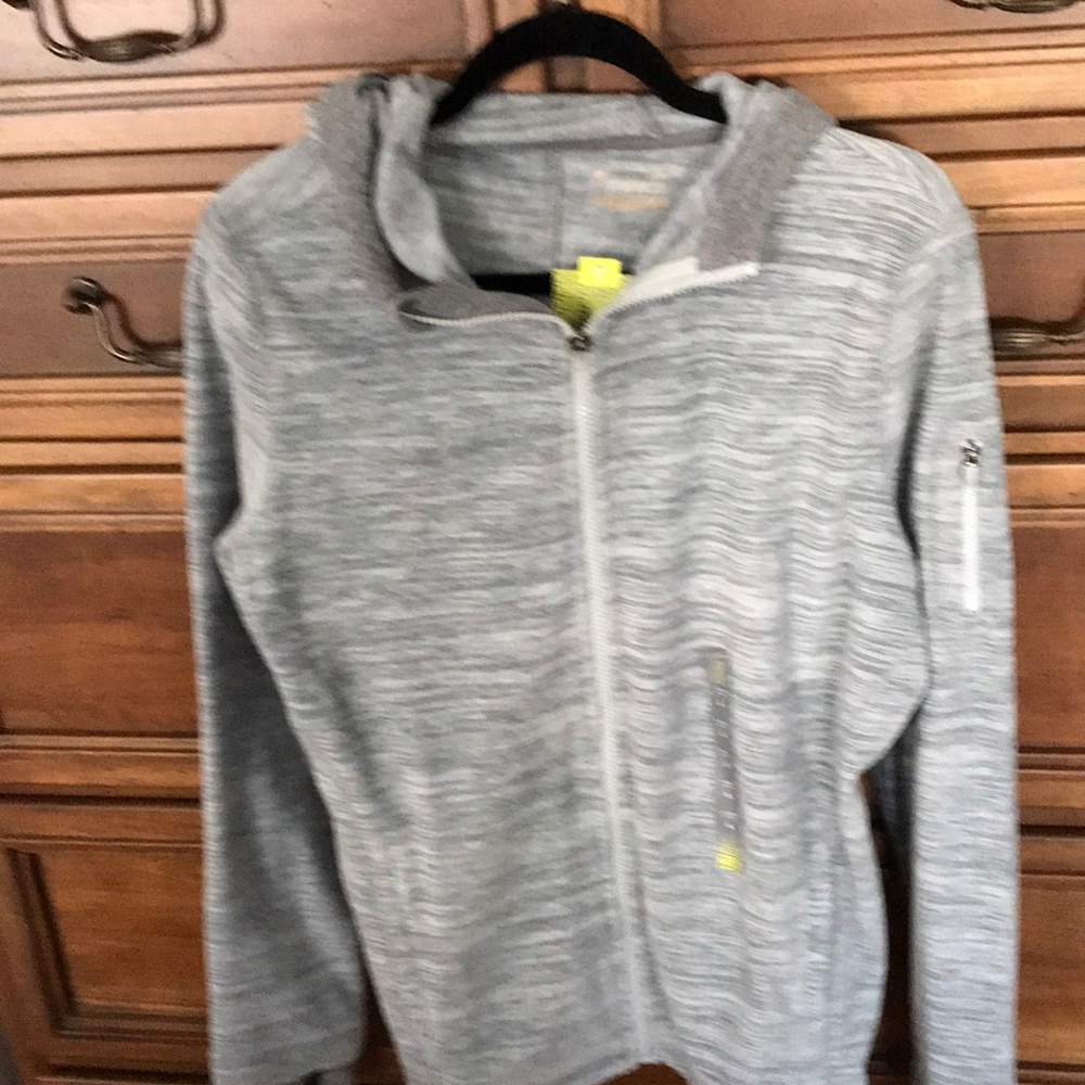 Women’s zip front Gray hoodie shirt with pretty zipper on sleeve  lightweight